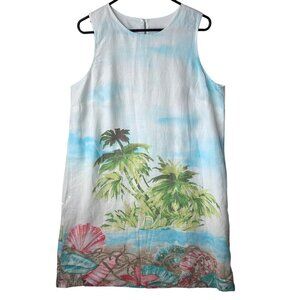 J. Jill Linen Tropical Beach Scene Print Lined Shift Dress Size Large Nautical